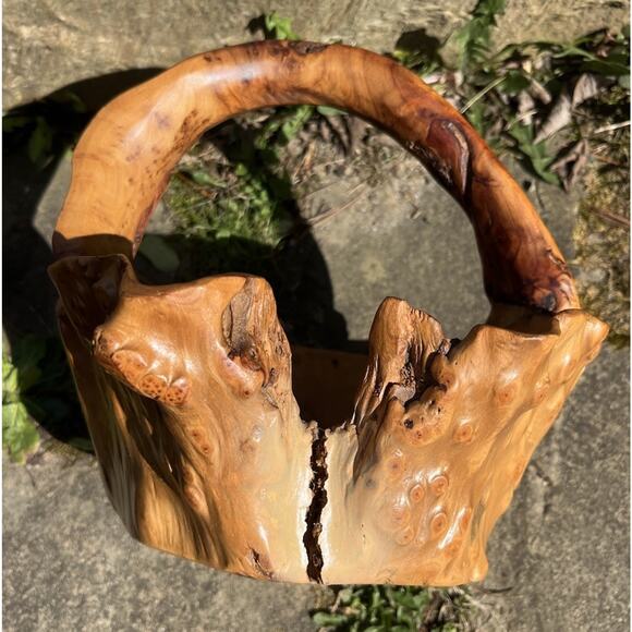 Vintage Burlwood Hand Carved Basket/Bowl with Handle - Picture 9 of 12